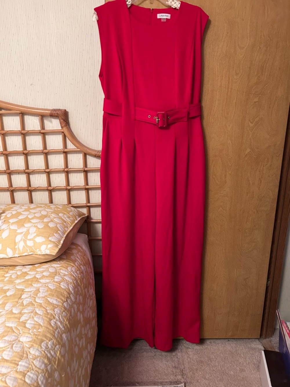 Calvin Klein Red Sleeveless Belted Wide-Leg Jumpsuit